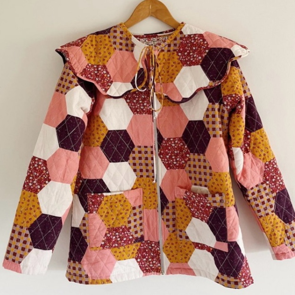 Handmade Patchwork Reversible Quilted Coat Jacket w/ Oversized Collar
